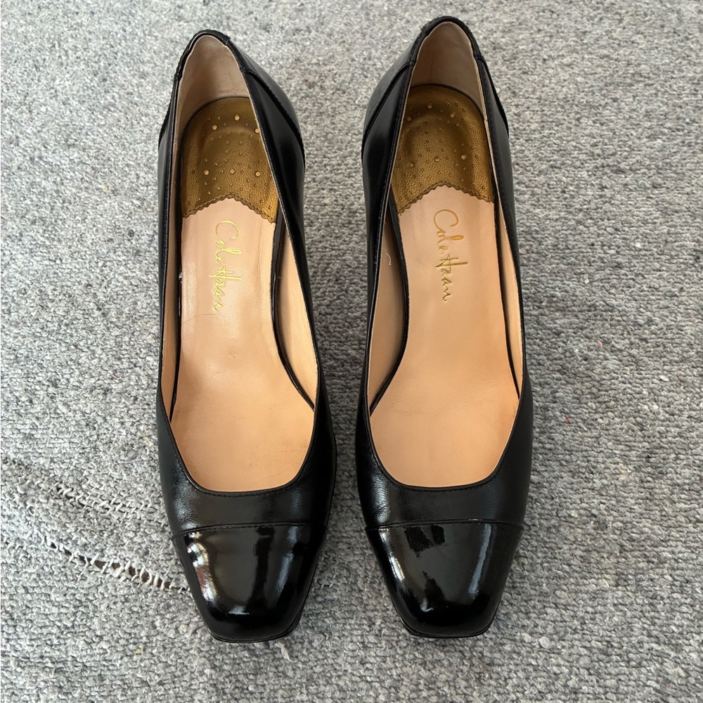 Cole Haan Black Leather Square-Toe Pumps with Patent Toe